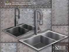 an advertisement for stainless steel sinks and faucets with rivets on the wall