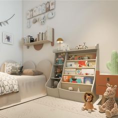 a child's bedroom with toys and bookshelves in the corner, including a bookcase