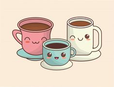 three coffee mugs with faces drawn on them, one is pink and the other is blue