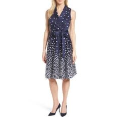 Scattered Polka Dot Notch Collar Wrap Dress Anne Klein The Polka Dots Pile Up As They Flow Down This Darling Dress Cut With Shoulder-Baring Sleeves And A Bow-Tied Waist. Slips On Over Head; Ties At Waist Notch Collar V-Neck Sleeveless Lined Fabric Shell: 97% Cotton, 3% Elastane Lining: 100% Polyester Approximate Dimensions Womens Size 10. 36“ Bust; 42 1/2“ Length. True To Size. Colors Are Breton Blue And Optic White -- First And Last Image. Brand New With Tags. From Nordstrom. No Flaws. Retail I Polka Dot Spring Workwear Dresses, Polka Dot Dresses For Spring Workwear, Polka Dot Work Dresses For Spring, Collar Wrap Dress, Head Ties, Darling Dress, Notch Collar, Klein Blue, Notched Collar