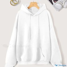 Orcajump - Simple Drawstring Loose Hoodie, Casual Hooded Pocket Fashion Long Sleeve Sweatshirt, Women's Clothing Solid Color Hoodie With Drawstring And Long Sleeves, Fleece Hoodie With Drawstring, Long Sleeve Sweatshirt With Drawstring, Casual Solid Color Hoodie, Solid Long Sleeve Sweatshirt With Drawstring, Solid Color Long Sleeve Sweatshirt With Drawstring, Fleece Hoodie With Drawstring And Crew Neck, White Hoodie Sweatshirt With Drawstring, White Drawstring Sweatshirt For Winter