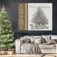 a living room with a christmas tree on the wall next to a couch and coffee table