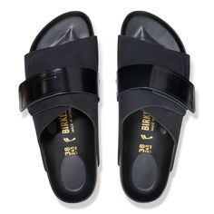 Kyoto Nubuk Leather Modern Black Slides With Buckle Closure, Classic Black Footbed Sandals With Buckle Closure, Black Slide Sandals With Buckle Closure, Black Double Strap Footbed Sandals With Heel Loop, Black Adjustable Slides With Buckle Closure, Modern Black Double Strap Footbed Sandals, Modern Slides With Single Toe Strap And Leather Footbed, Modern Slides With Leather Footbed And Single Toe Strap, Modern Slides With Double Strap And Removable Insole