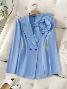 Elegant Solid Color 3D Floral Embellish Women Blazer Blue Elegant  Long Sleeve Woven Fabric Plain Regular Non-Stretch  Women Clothing, size features are:Bust: ,Length: ,Sleeve Length: Mens Formal Dress Shoes, Hair Jewelry For Braids, Women Blazer, Blazer Blue, Casual Hat, Women's Shapewear, Long Sleeve Blazers, Kids Sleepwear, Inspiration Mode