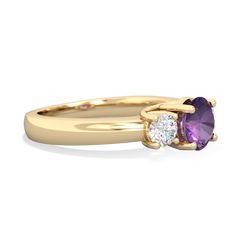 This 14K Yellow Gold trellis three stone ring features a {shape} deep purple amethyst, flanked by {diamondcarats}. A trellis ring features gorgeous interwoven prongs holding the amethysts that symbolize the union of marriage and the wonderful journey you two will embark on together for the rest of your lives. Classic Amethyst Round Cut Birthstone Ring, Classic Amethyst Birthstone Ring With Round Cut, Classic Purple Diamond Promise Ring, Classic Purple Birthstone Ring With Center Stone, Classic Amethyst Promise Ring Round Cut, Classic Purple Sapphire Ring With Prong Setting, Classic Purple Diamond Ring With Accent Stones, Purple Birthstone Ring With Prong Setting, Promise Amethyst Ring