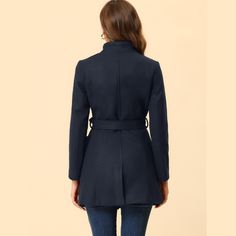 This coat turns casual outerwear into a fashion-forward statement. Step out in style on even the dreariest days with the one-button belted long coat. Those neutral colors on this belted coat with wide lapels maintain a grounded, mature style that will never go out of fashion. Paired well with a crossbody for a day out. Team it with pumps and a bold red lip for an evening look. Fitted Outerwear With Stand Collar In Solid Color, Spring Outerwear With Stand Collar And Double Button Closure, Trendy Fitted Double-breasted Pea Coat, Stand Collar Outerwear For Office, Fitted Solid Color Pea Coat, Fitted Pea Coat With Stand Collar For Fall, Winter Belted Outerwear For Business Casual, Stand Collar Outerwear For Business Casual In Fall, Double-breasted Commute Outerwear For Office