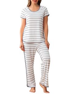 PRICES MAY VARY. Supreme Comfort Pajamas Set: The GGOV Pajama Set is lightweight and skin-friendly. Experience the feeling of being wrapped in a cloud with our soft, breathable, and comfortably loose sleepwear that promotes peaceful slumber. Stylish Side Split Design: Our two-piece loungewear set features long pants and short sleeve tops, both with side splits for added fashion and convenience. Accentuated with a classic stripe design, these sleepwear sets enhance your at-home comfort and style. Striped Relaxed Fit Sleepwear For Sleepover, White Long Pants Sets For Bedtime, White Comfortable Sleepwear, White Long Pants Set For Sleepovers, Striped Cotton Short Sleeve Sleepwear, Cotton Short Sleeve Pant Set For Loungewear, Short Sleeve Cotton Pant Set For Loungewear, Cotton Short Sleeve Loungewear Pant Set, Casual Striped Sleepwear For Sleepover