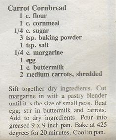 a recipe for carrot cornbread with instructions on how to make it in the microwave