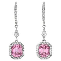 Classic pair of 3.97 carat Pink Spinel emerald-cuts, 18K white gold lever back earrings, highlighted with a total of 0.39 carat round brilliant diamonds, and a pair of 0.16 carat Kite diamonds, E/VS. Returns are accepted and paid by us within 7 days of delivery. Please FOLLOW the MERKABA storefront to be the first to view the latest of our ultra exclusive jewels and supreme gemstones. Merkaba Jewelry, is a unique, world-class jewelry brand, dedicated to unveiling the rarest, finest and most soug Fine Jewelry Earrings With Diamond Accents In Octagon Shape, Octagon Earrings With Diamond Accents Fine Jewelry, Octagonal Earrings With Diamond Accents, Octagon-shaped Diamond Earrings For Formal Events, Emerald Cut Diamond Accented Formal Earrings, Emerald Cut Diamond Accent Earrings For Formal Events, Octagon Diamond Earrings For Formal Events, Octagon Diamond Earrings For Formal Occasions, Formal Octagon Diamond Earrings