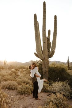 a man carrying a woman near a large cactus