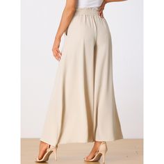 The wide-leg beach pants feature a drawstring waist, a tassel tie, and two side pockets, which are great for a perfect summer look. The soft fabric of the pants is drapey, even in the summer. It is not stuffy, showing elegant charm while relaxing. These fashionable and casual pants are perfect for spring, summer, and fall. Pair them with sandals or a hat for a glamorous look! Wide Leg Bottoms In Solid Color For Vacation, Wide Leg Solid Color Vacation Bottoms, Vacation Wide Leg Bottoms Solid Color, Vacation Wide Leg Bottoms In Solid Color, Ankle-length Solid Color Beach Bottoms, Vacation Solid Color Wide Leg Bottoms, Solid Color Ankle-length Beach Bottoms, High Waist Solid Color Pants For Vacation, Solid Color Ankle-length Pants For Vacation