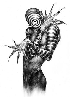 a pencil drawing of a creepy clown holding a candy cane in his hand and looking down at the ground