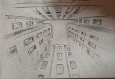 a pencil drawing of some buildings in the middle of it's floor area with windows