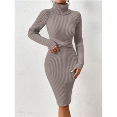 Introducing The Turtleneck Twist Front Sweater Dress In Rich Taupe Brown. This Sophisticated Dress Features A High Neckline And Long Extended Sleeves, Combining Refined Style With Comfort. The Twist Front Detail Adds A Unique Touch, While The Rib-Knit Design Enhances Texture. With A Natural Waistline And A Pencil-Shaped Hem, It Provides A Flattering Midi-Length Silhouette. Crafted From Medium-Stretch Knitwear, It Offers A Slim Fit That Contours The Body While Ensuring Flexibility. Non-Sheer And Elegant Non-stretch Mini Sweater Dress, Elegant Party Sweater Dress, Elegant Non-stretch Midi Dress For Fall, Non-stretch Elegant Winter Midi Dress, Chic Fitted Winter Midi Dress, Chic Non-stretch Knee-length Sweater Dress, Chic Knee-length Sweater Dress, Feminine Fitted Winter Midi Dress, Elegant Fitted Sweater Dress For Spring