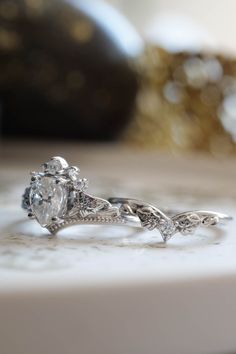 Moissanite engagement ring set, crown shape rings with diamonds / Ariadne | Eden Garden Jewelry™ Ivy Engagement Ring, Vintage Engagement Rings Silver, Gold Rings With Diamonds, Fairytale Engagement Rings, Rings With Diamonds, Eden Garden, Pretty Engagement Rings, Nature Inspired Engagement Ring, Ring Inspo