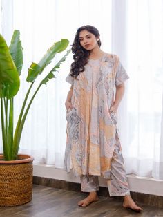 Brown & Black Marble Printed Cosy Cotton Co-Ord Set (Set of 2) by Pheeta now available at Trendroots Cotton V-neck Relax Fit Sets, Relaxed Fit Cotton V-neck Sets, Printed Relaxed Fit Sets For Daywear, Marble Print Dress, Accessories Online Shop, Sequin Blouse, Indo Western, Marble Print, Co Ord Set