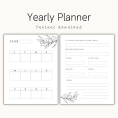 the printable year planner is shown in black and white, with leaves on it