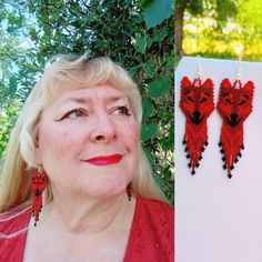 These Native Red Wolf are custom made by Elaine. They are made in  Black, Red, Orange, Delica Beads. If you have any Questions please ask.  Thanks for looking. Artisan Red Beaded Earrings For Festival, Artisan Red Handmade Beaded Earrings, Artisan Red Beaded Earrings, Red Handwoven Beaded Earrings For Festival, Southwestern Red Beaded Earrings As Gift, Southwestern Style Red Beaded Earrings As Gift, Southwestern Style Red Beaded Earrings For Gift, Handmade Red Beaded Earrings For Festival, Wolf Earrings