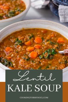 lentil kale soup with carrots and spinach in a white bowl on a table