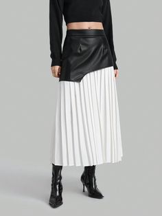 Elegant & Modern Pleated High Waist PU Leather Splice Women's Skirt, Autumn Black and White Elegant   Woven Fabric Colorblock,Plain Pleated Non-Stretch  Women Clothing, size features are:Bust: ,Length: ,Sleeve Length: Pleated White Skirt, Autumn Black And White, Leather Crop Top, High Waisted Pleated Skirt, Women's Skirt, Girls Pajamas, Casual Girl, Outfit Set, White Skirts