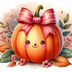 a cartoon pumpkin with a bow on it's head