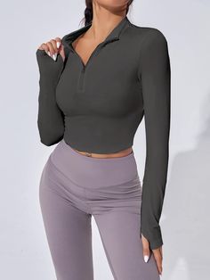 Dark Grey  Collar Long Sleeve Fabric Plain  Embellished High Stretch All Women Activewear Moisture-wicking Workout Top For Fall, Solid Color Sportswear Tops For Fall, Solid Sportswear Tops For Fall, Solid Color Athleisure Tops For Fall, Solid Color Fall Athleisure Tops, Moisture-wicking Athleisure Top For Fall, Sporty Fall Gym Tops, Stretch Sportswear Tops For Streetwear, Casual Stretch Sweatshirt For Gym