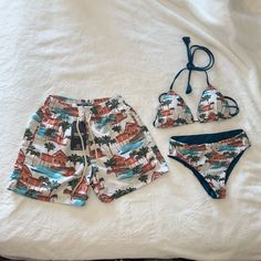 Purchased In Brazil Never Used Matching Him And Her Swimming Trunks/Bikini So Cute! Trunks: Two Front Pockets One Back Pocket Elastic Waist And Tie Front Bikini Is Reversible Guys Outfits, Sheer Swimsuit, Size 12 Women, Bandeau One Piece Swimsuit, Swimming Trunks, 1 Piece Swimsuit, Womens Tie, One Piece Swim, Swim Bottoms