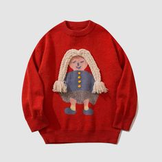 Features: Unisex Pullover Round neck Long sleeves Doll knitted design Ribbed sleeve cuffs and bottom hem Material: cotton,polyester Jackets Fashion Casual, Fall Knit Sweater, Apricot Sweater, Retro Fashion Outfits, Costume Bags, 50th Clothing, Cartoon Doll, Fall Knitting, Retro Fashion Women