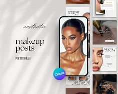 an advertisement for makeup products is shown in multiple images, including the image of a woman's face