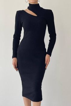 * 2OzButik Long Sleeve Dress with Cut Out * Model height 173cm, 53 kilos *Product size on mannequin Small, UK:8 - US:6 * 30 degrees machine washable FREE SHIPPING U.S.  You can see the size chart photo. XS, S, M, L. Communication: You can message us whenever you want. Our goal is to satisfy you, our customer, with our fast response. You can visit our page for wedding outfit alternatives: www.etsy.com/shop/2OzButik -All my products are ready to ship. I will ship the products within 1-3 days immed Black Sheath Bodycon Dress For Winter, Elegant Black Ribbed Bodycon Dress, Turtleneck Dress Black, Dress High Neck, Dress One Shoulder, Turtleneck Dress, Fitted Midi Dress, New Years Dress, Dress Fitted