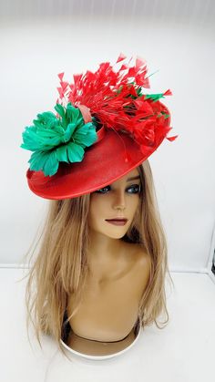 Beautiful  Red and Green sinamay Fascinator with multicolor accents. Wedding Fascinator Bridesmaids Hat Kentucky Derby Cocktail Party Tea Party Guest Easter Kate Middleton  - Lightweight  - Ready to ship - Fast Shipping - Free Shipping - Group discount available - Customize by adding different color flowers and or feathers CHECK OUT MY STORE FOR OTHER STYLES & COLORS: etsy.com/shop/Hatsandpearls Find more at my website for more styles: www.hatsandpearls.com  Reach out to me if you can't find wha Adjustable Red Hat For Carnival, Costume Hat For Races At Carnival, Carnival Costume Hat For Races, Red Curved Brim Fascinator For Garden Party, Red Hats For Spring Garden Party, Multicolor Hats For Kentucky Derby Evening, Multicolor Hats For Royal Ascot Evening, Adjustable Hats For Carnival Races, Adjustable Red Mini Hat For Carnival