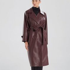 Faux Leather Trench Coat (Color: Deep Garnet, Size: S) Chic Burgundy Leather Jacket, Burgundy Lapel Collar Outerwear For Fall, Red Faux Leather Long Sleeve Outerwear, Burgundy Leather Winter Outerwear, Red Faux Leather Jacket For Fall, Burgundy Winter Outerwear For Office, Red Leather Long Coat, Chic Burgundy Outerwear For Work, Chic Burgundy Leather Jacket For Winter