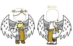 two cartoon angels with wings and halos on their heads, one is holding an object in