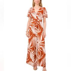 Beautiful Challis Leaf Pattern Jumpsuit In The Color Tabacco Orange. Short Flutter Sleeves, Wide Elastic Waist, Wide Legs And Self Ties. New With Tags. Pattern Jumpsuit, Jumpsuit Pattern, Jumpsuit With Sleeves, Orange Cream, Virtual Closet, Wide Legs, Flutter Sleeves, Leaf Pattern, Flutter Sleeve