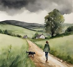 a watercolor painting of a woman walking her dog down a dirt road with houses in the distance