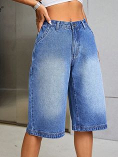 Slant Pocket Denim Shorts Light Wash Casual   Denim Ombre,Plain Wide Leg Non-Stretch  Women Clothing, size features are:Bust: ,Length: ,Sleeve Length: Denim Capri Pants, Midi Jeans, Jean Large, Mode Jeans, Cropped Leather Jacket, Lazy Day Outfits, Long Jeans, Streetwear Fashion Women, Jeans For Short Women