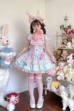 Sugar Magic Bowknot Details Lace-up Bodice Stars Decoration Short Sleeves Lolita OP Clowncore Dress, Pastel Clowncore, Decora Kei Fashion, Kei Fashion, Op Dress, Kawaii Dress, Vintage Circus, Cute Cosplay, Sweet Lolita