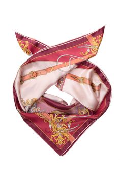 Printed on luxurious silk satin, this scarf features a charming design of pocket watches and jeweled belts, symbolizing the delicate balance of time and style. The intricate details and rich colors make this foulard a standout accessory, perfect for adding a touch of sophistication and playful charm to your wardrobe. Classic foulard size: Approx. 35" x 35". Once made famous by the likes of Audrey Hepburn, Sophia Loren and Grace Kelly, a foulard will always add a touch of elegance to your look. H Designer Pink Silk Scarf, Classic Gold Silk Scarf, Classic Gold Silk Scarf For Formal Occasions, Elegant Gold Silk Scarf For Evening, Elegant Gold Silk Scarf, Elegant Gold Scarves For Formal Occasions, Elegant Gold Formal Scarves, Luxury Pink Silk Scarf For Formal Occasions, Chic Gold Silk Scarves