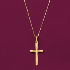 Ross-Simons - Italian 18kt Yellow Gold Diamond-Cut Cross Pendant Necklace. 16". Fashion meets religion in this beautiful cross necklace from Italy. A diamond-cut star glints at the center of the 18kt yellow gold cross pendant, presented on a box chain. Springring clasp, 18kt yellow gold cross pendant necklace. Diamond birthstones are the perfect gift for April birthdays. Yellow Gold Diamond Cut Crucifix Necklace, Cross Pendant Necklace Woman, Yellow Gold Cross Necklace, Vintage Cross Necklace, Pendant Necklace Diamond, Cross Necklace Simple, Cross Necklace Women, Accesories Jewelry, Diamond Birthstone