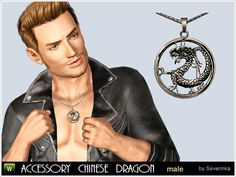 an image of a man wearing a necklace with a dragon on it