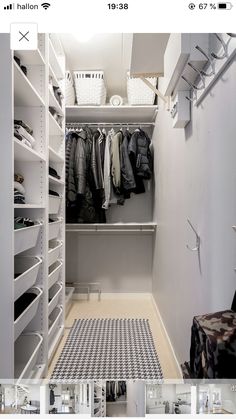 an image of a closet with clothes and other items in it on the bottom shelf