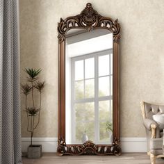 a large mirror sitting on top of a wooden floor next to a chair and window