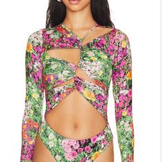 New With Tags! Afrm Revolve Mixed Floral Sub Bodysuit, Great Quality, Comfortable, Colorful And Trendy Spring Stretch Swimwear With Cutout, Spring Stretch Cutout Swimwear, Cutout Swimwear For Spring, Spring Party Bodysuit With Cutout, Spring Beachwear Bodysuit With Cutout, Pink Floral Print Bodysuit For Party, Party Pink Floral Print Bodysuit, Spring Multicolor Bodysuit For Poolside, Spring Party Swimwear With Cutout