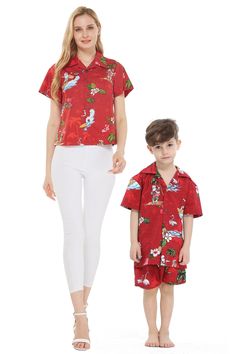 Miss Hawaii already? Keep the Hangover going! Another Classic printfrom Hawaii Hangover. This Mother and son (adult and boy) matching shirt and Aloha Shirt set has our copyrighted Santa Designs in 2 different colors. This shirt is made with 100% cotton, comfortable and yet low maintenance. As always, this shirt is well made with matching pocket on the left chest and coconut buttons. The shirt is packaged with an extra button for your convenience. Lady Aloha Shirt has a long zipper on the back, e Cotton Matching Set Tops For Vacation, Matching Cotton Sets With Short Sleeves, Red Cotton Matching Set, Red Matching Cotton Sets, Casual Cotton Sets For Holiday, Casual Cotton Holiday Sets, Red Cotton Shirt For Vacation, Casual White Christmas Sets, White Matching Set Tops