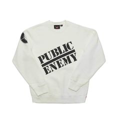 Supreme X Undercover Public Enemy Crewneck Sweatshirt White Size M White Logo Print Sweatshirt For Streetwear, White Graphic Print Crew Sweatshirt, White Urban Sweatshirt With Letter Print, Urban White Crew Sweatshirt, White Urban Crew Sweatshirt, White Cotton Sweatshirt For Streetwear, Sporty White Tops With Logo Lettering, White Sporty Tops With Logo Lettering, White Logo Crew Neck Sweatshirt