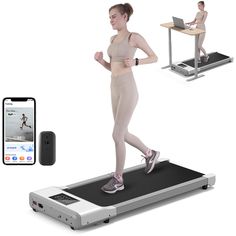 a woman is running on a treadmill with an iphone and phone nearby to her