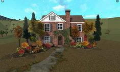 Fall Suburban House Bloxburg, Autumn House Bloxburg Exterior, Autumn Suburban House Bloxburg, Fall Bloxburg Houses Realistic, Bloxburg Colonial House, Autumn Town Bloxburg, Suburban Autumn House, Bloxburg Fall House, Fall Bloxburg Houses