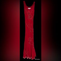 Deep Red Dress, Embroidered Flowers And Beads Throughout , Scoop Neck, Sleeveless, Chiffon, Early 2000s Collection Deep Red Dress, Sue Wong Dresses, Sue Wong, Early 2000s, Embroidered Flowers, Deep Red, Red Dress, Scoop Neck, Colorful Dresses