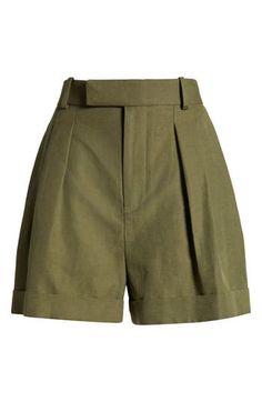 Crisp box pleats elevate the style of these relaxed-fit shorts made from a blend of cotton and linen for comfortable wear. 3" inseam; 29" leg opening; 14 1/4" front rise Zip fly with button-tab closure Front slant pockets 55% cotton, 45% linen Dry clean Made in Italy Summer Workwear Pleated Shorts, Chic Pleated Shorts For Workwear In Summer, Chic Pleated Cotton Shorts, Classic Pleated Shorts For Spring, Summer Pleated Solid Shorts, Green Cotton Shorts For Work, Relaxed Fit Pleated Shorts, Green Cotton Workwear Shorts, Summer Cotton Shorts With Rolled Hem