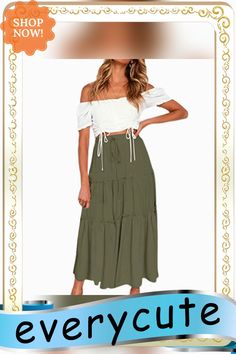 Army Green Drawstring High Waist A-line Skirt Casual Solid A-line Maxi Skirt, Summer A-line Ruffled Skirt, Casual A-line Beach Skirt, Summer Drawstring Relaxed Fit Skirt, Beach Flared Skirt Solid Color, Vacation Skirt With Drawstring, Spring Flared Skirt With Drawstring, Spring Vacation Maxi Skirt With Drawstring, Day Out Skirt With Drawstring